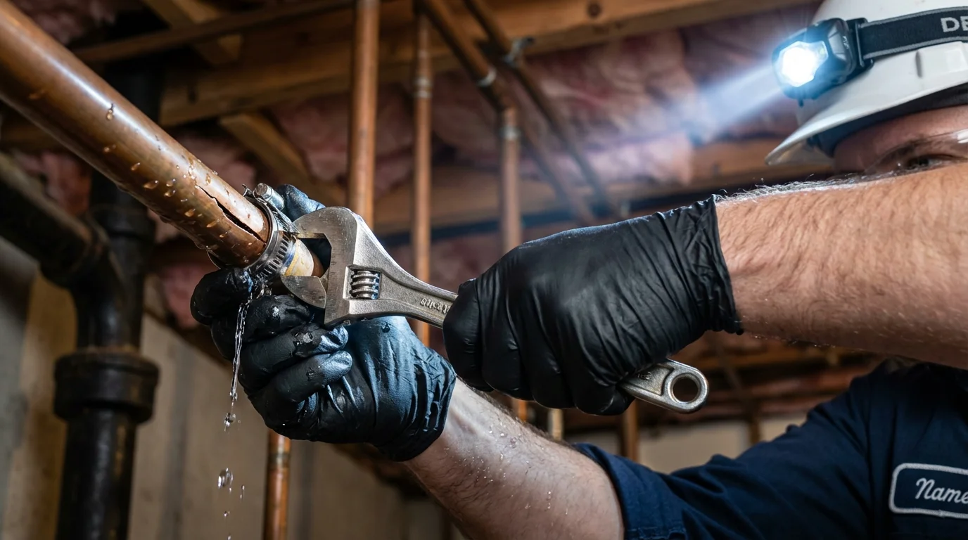 Emergency pipe clamp repair being performed by a Johns Plumbing LLC plumber in Las Animas