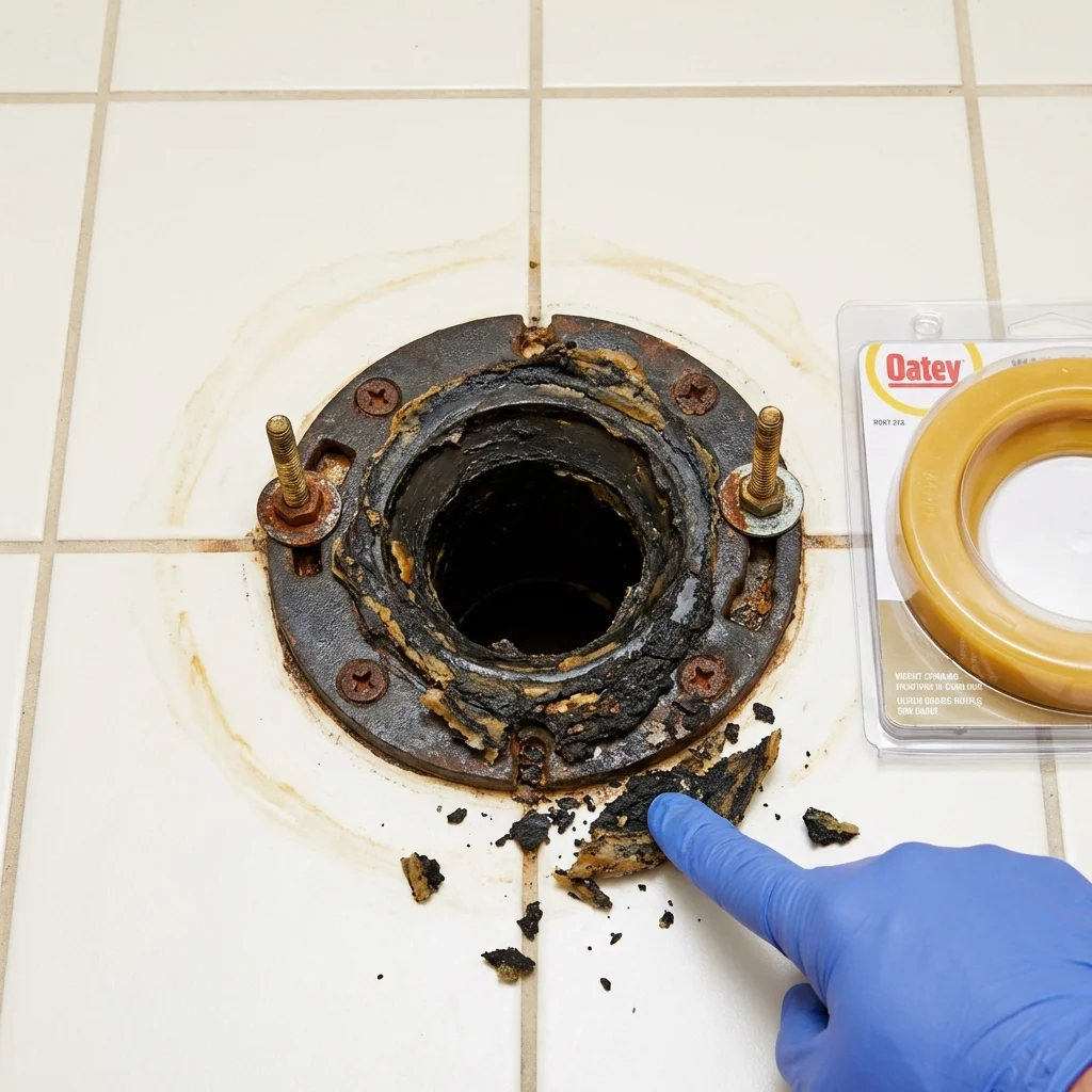 Failed wax ring showing water seepage at the base of a toilet in a Las Animas, CO home