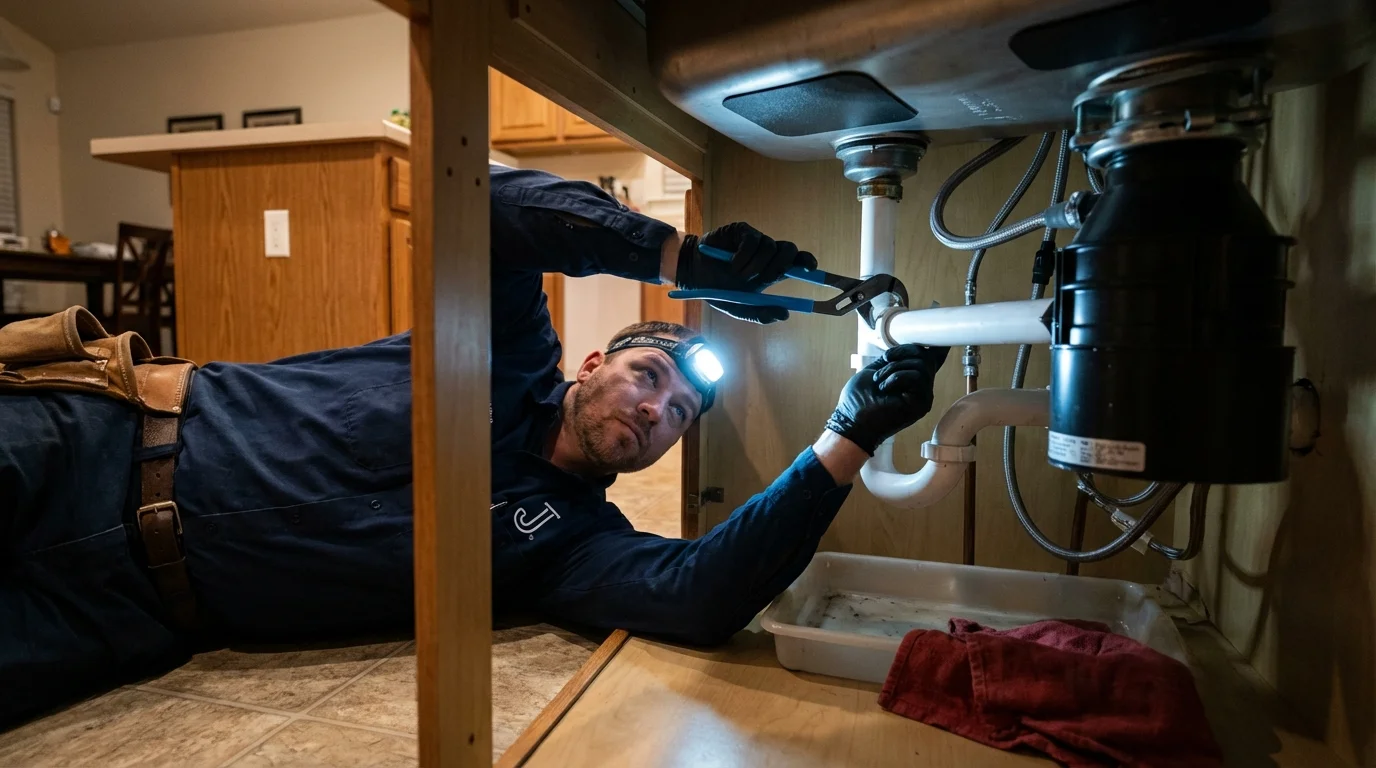 P-trap and supply line connections under a kitchen sink showing a common leak point in Las Animas, CO